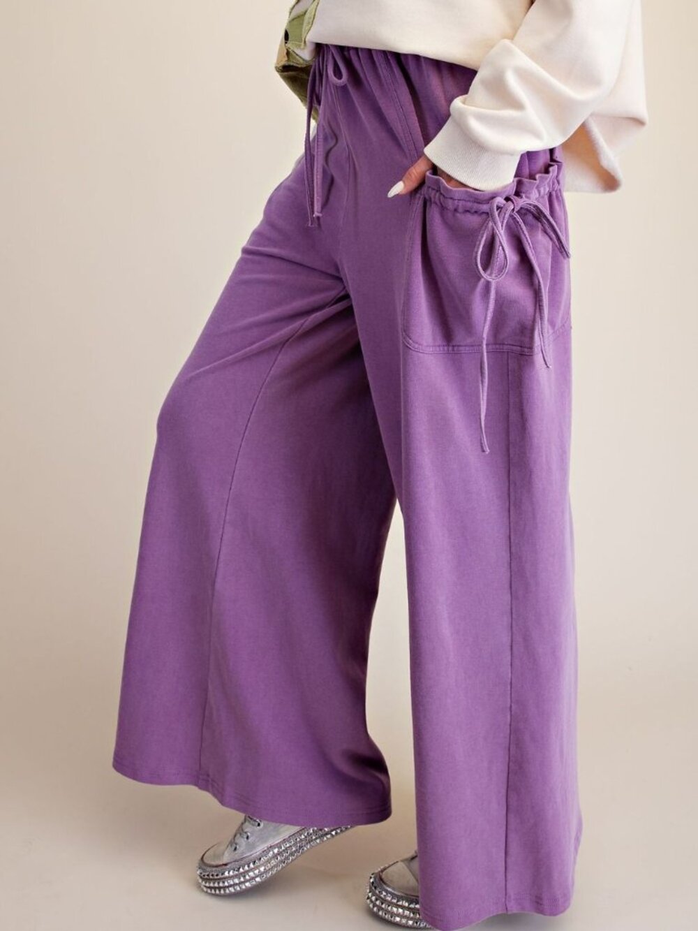 NEW IN! - E47 Easel Purple Taro Mineral Washed Terry Knit Pants Regular & Plus - Picture 3 of 4